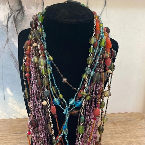 Bundle 6 Beaded long Necklaces Red Green Blue Orange Purple Yellow Brown - Picture 1 of 17